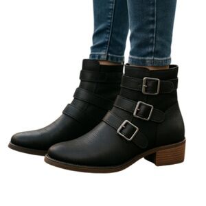 Roxy Beckett Moto Boots Black Reptile Vegan Leather Buckle Straps Side Zip 7